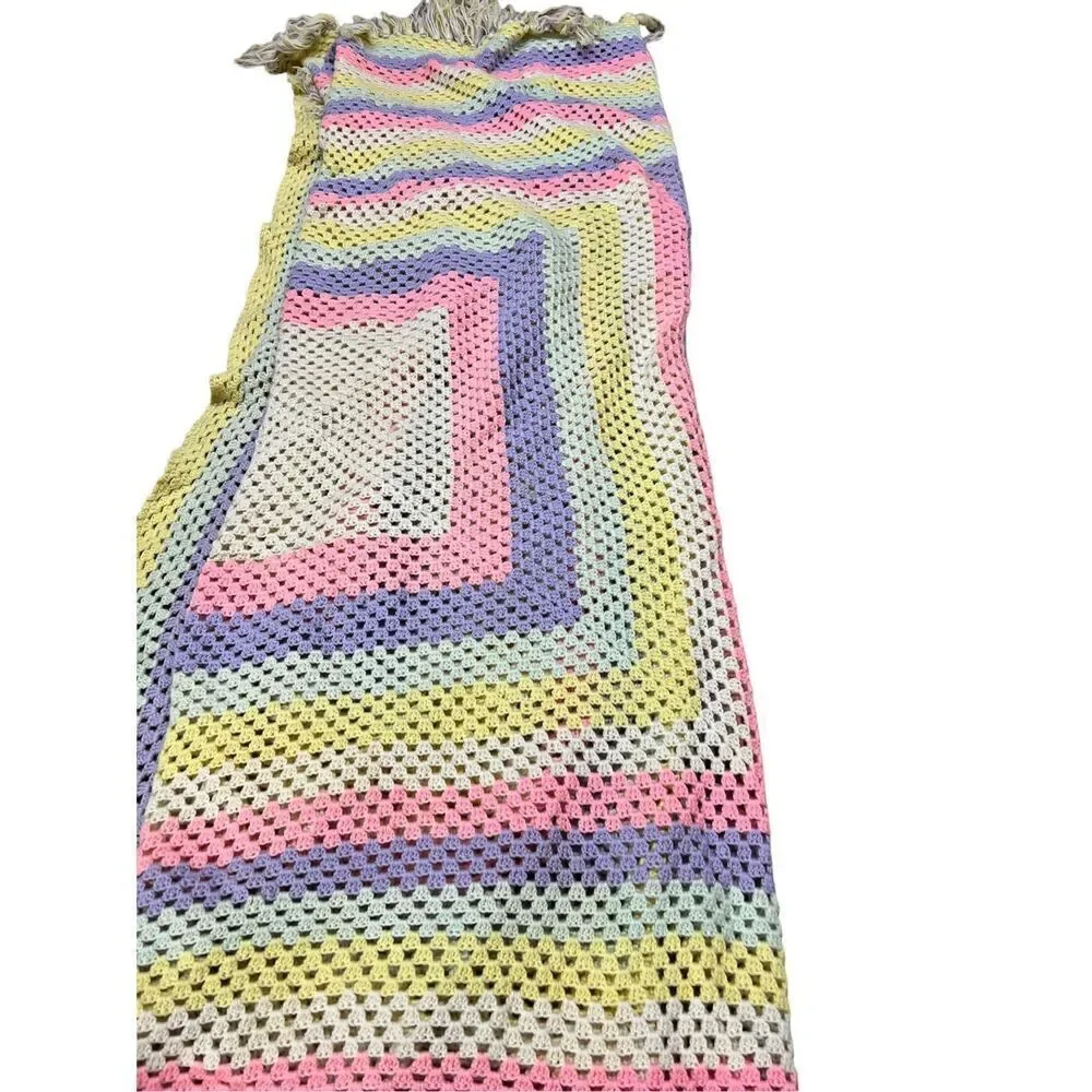 Multicolor Striped Fringe Knitted Blanket Size 80” x 83”